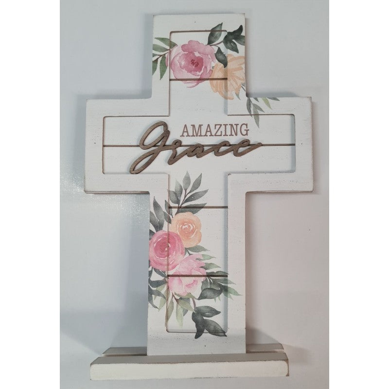 Rustic Wood Standing Cross, Amazing Grace