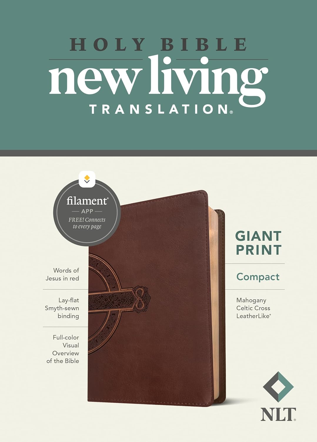 NLT Compact Giant Print, LeatherLike, Mahogany Celtic Cross (Filament-Enabled Edition)