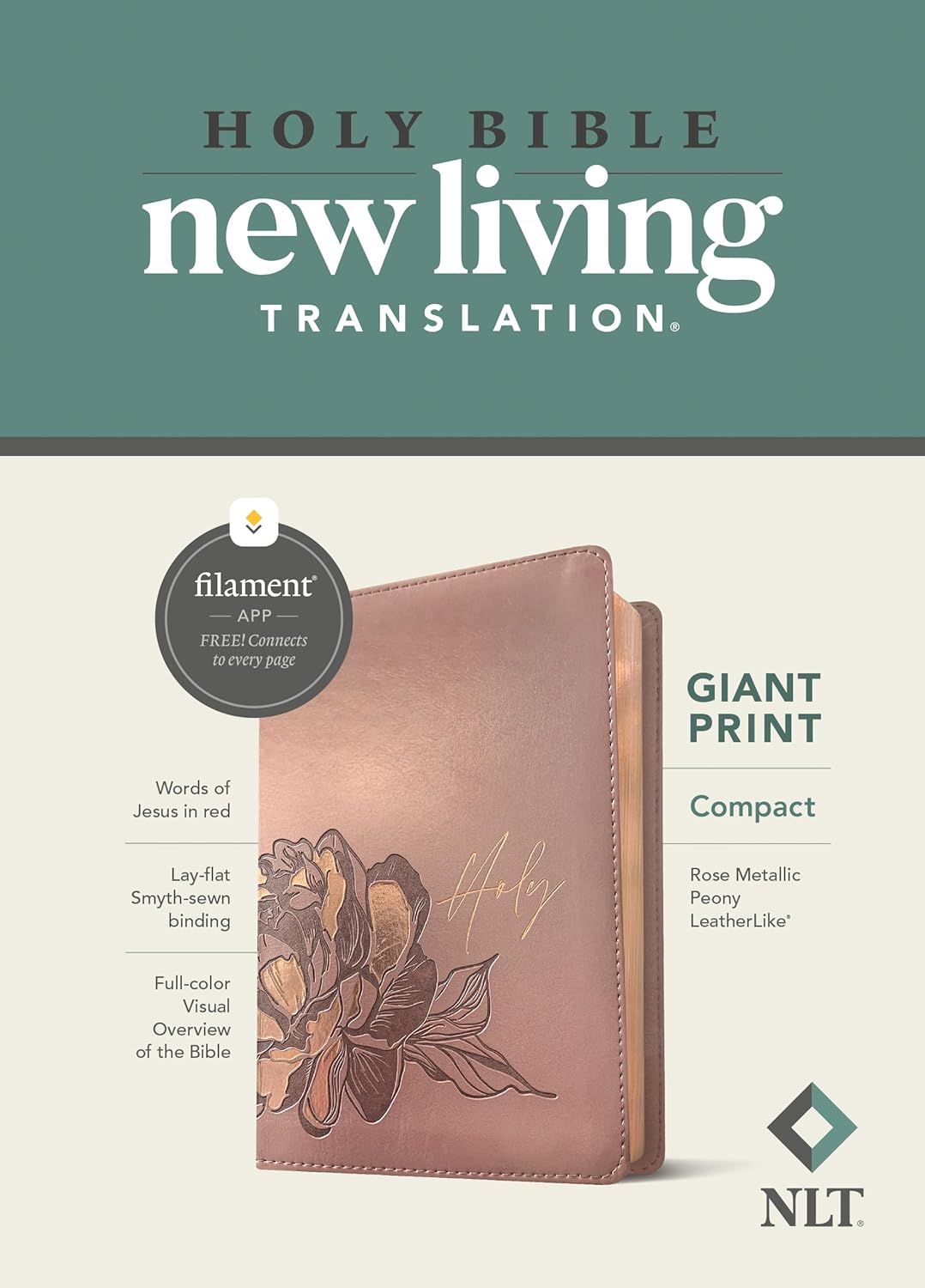 NLT Compact Giant Print, LeatherLike, Rose Metallic Peony (Filament-Enabled Edition)