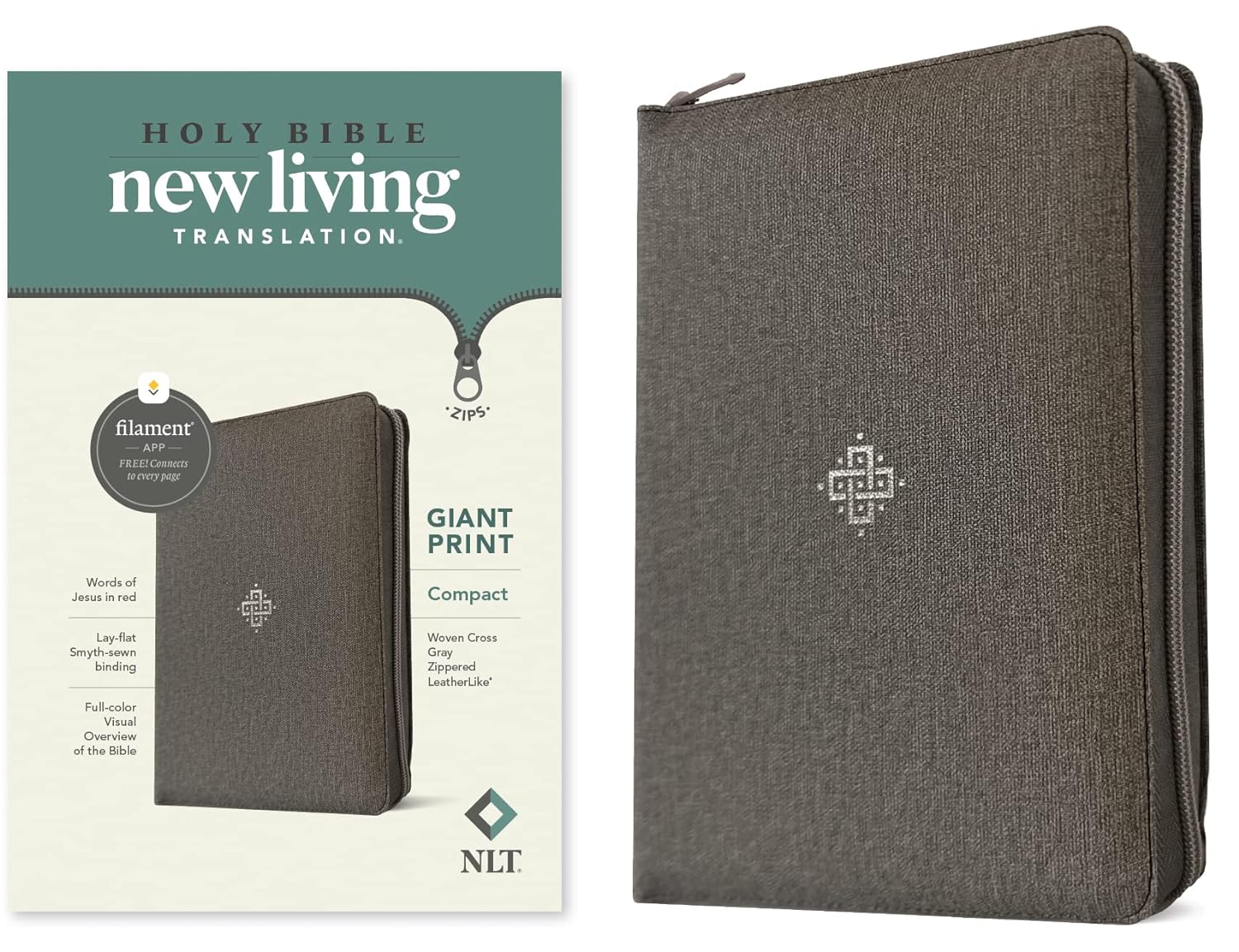 NLT Compact Giant Print Zipper Bible, LeatherLike, Woven Cross Gray, Red Letter (Filament-Enabled)