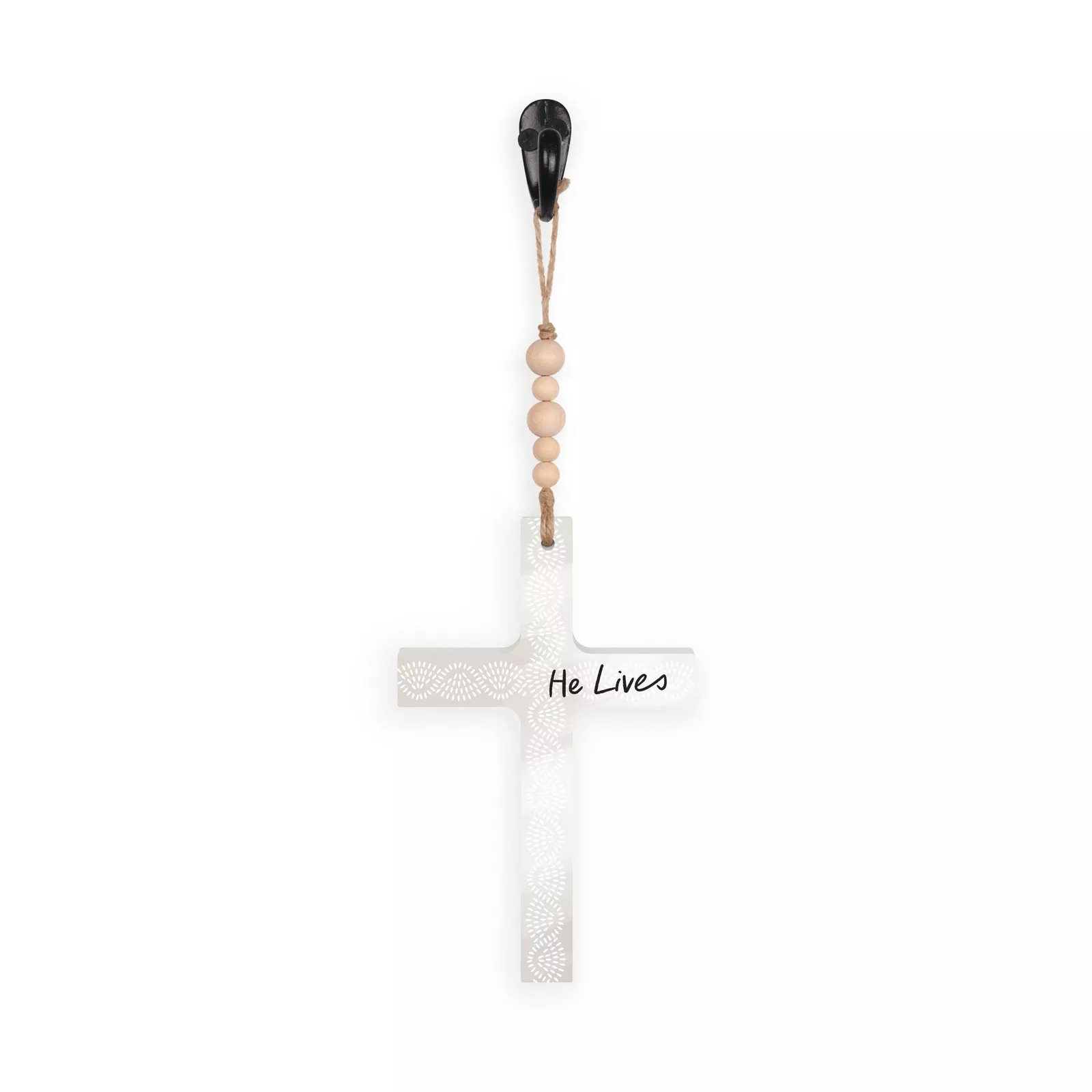 Hanging Cross with natural wood beads, He Lives