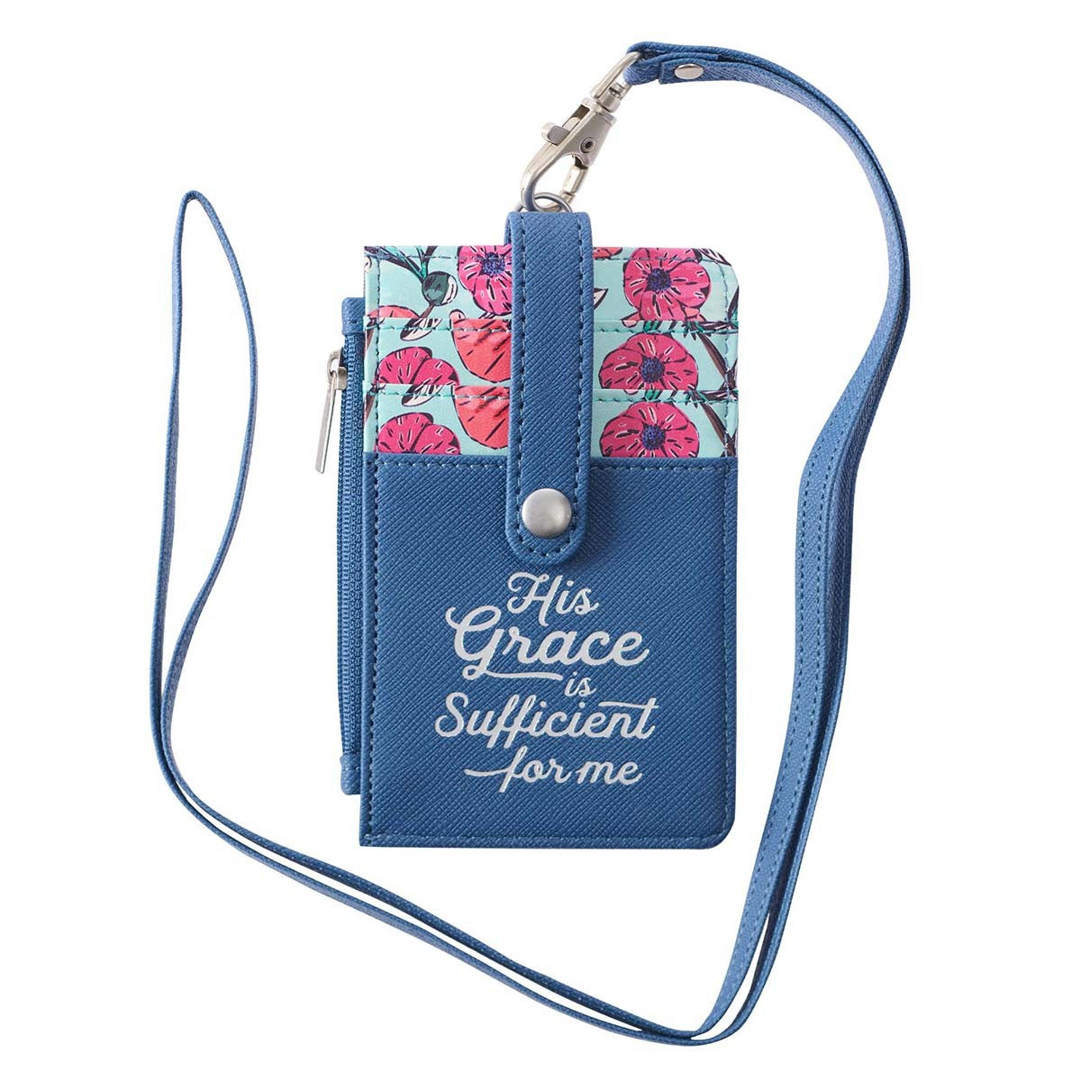 ID Card Holder His Grace is Sufficient, Navy Blue Floral