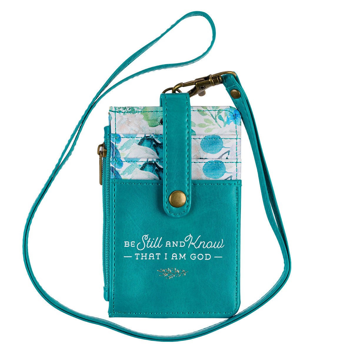ID Card Holder Be Still and Know, Floral Teal Faux Leather