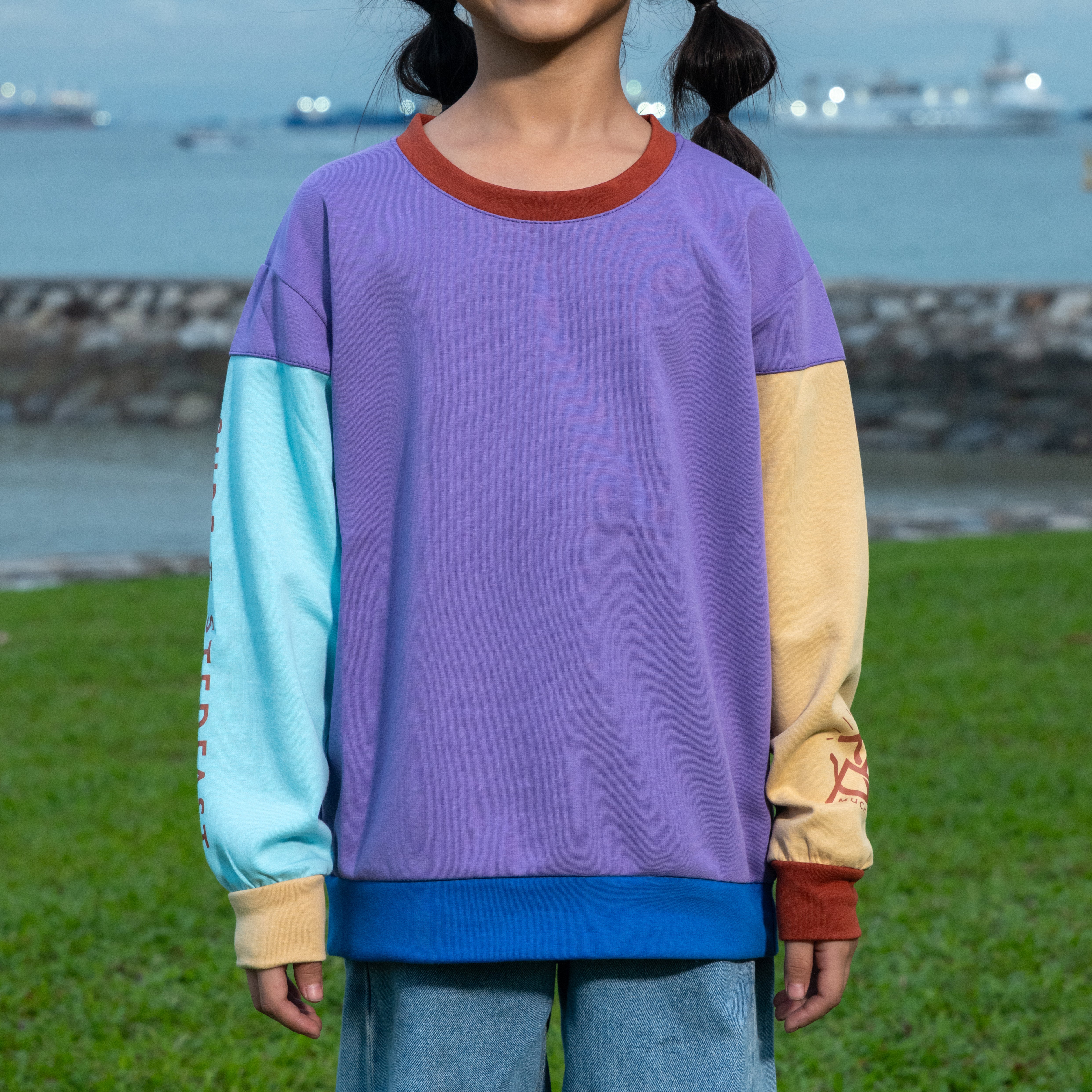 Much More Long-Sleeve Pullover KIDS, Purple, Sky Blue, Mustard & Terracotta (KJV)