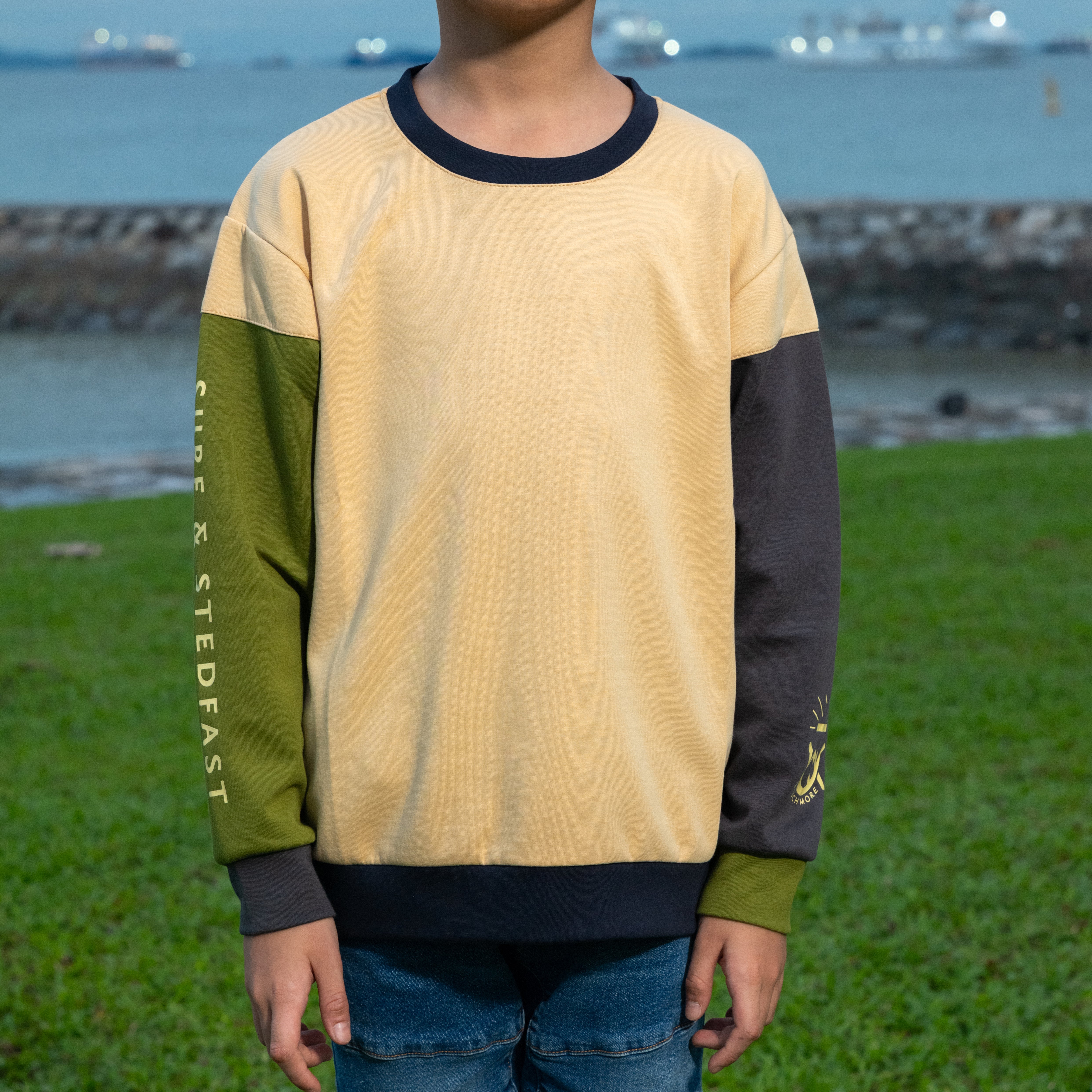 Much More Long-Sleeve Pullover KIDS, Mustard, Olive & Grey (KJV)