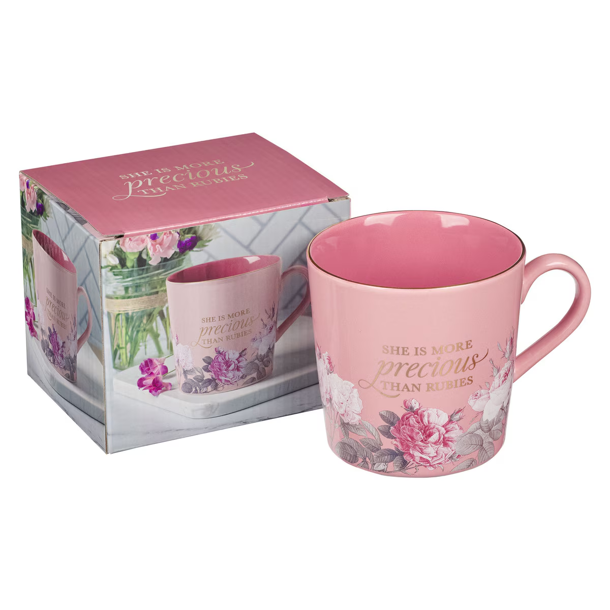 Ceramic Coffee Mug More Precious than Rubies, Pink Floral
