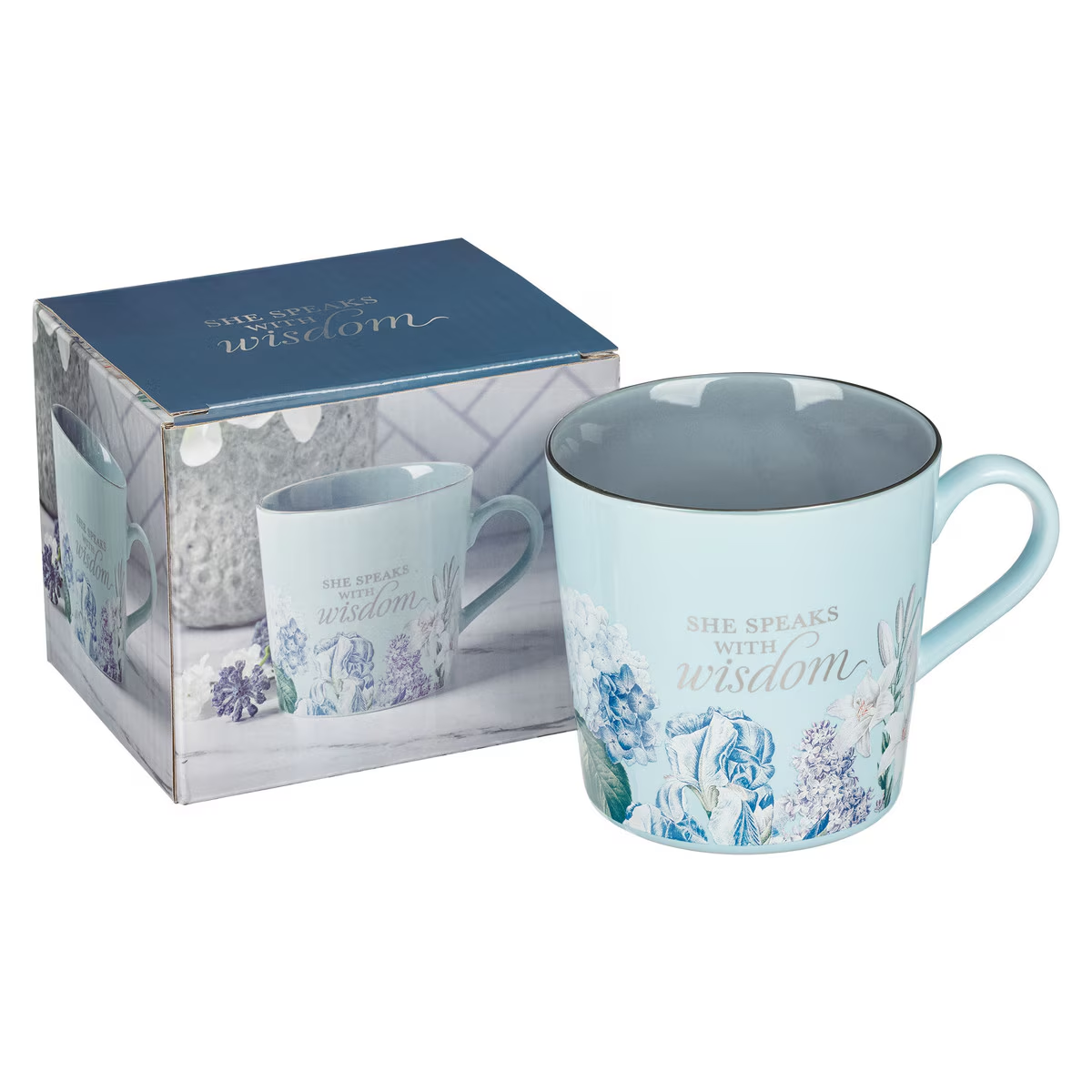 Ceramic Coffee Mug She Speaks with Wisdom, Blue Floral