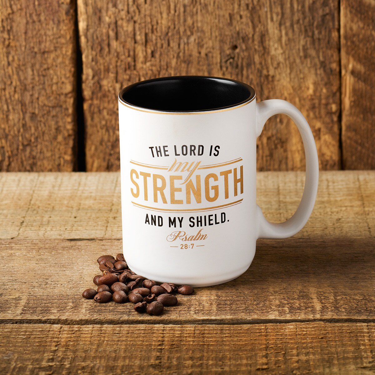 Ceramic Coffee Mug Strength and Shield, White and Black