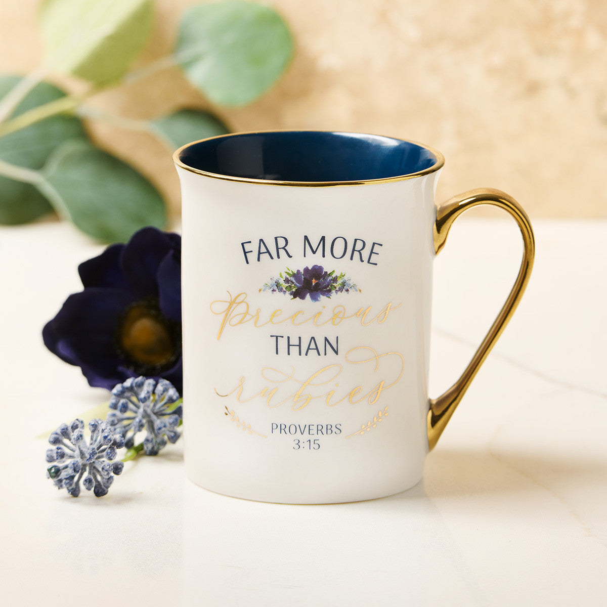 White and Blue Ceramic Coffee Mug, More Precious than Rubies