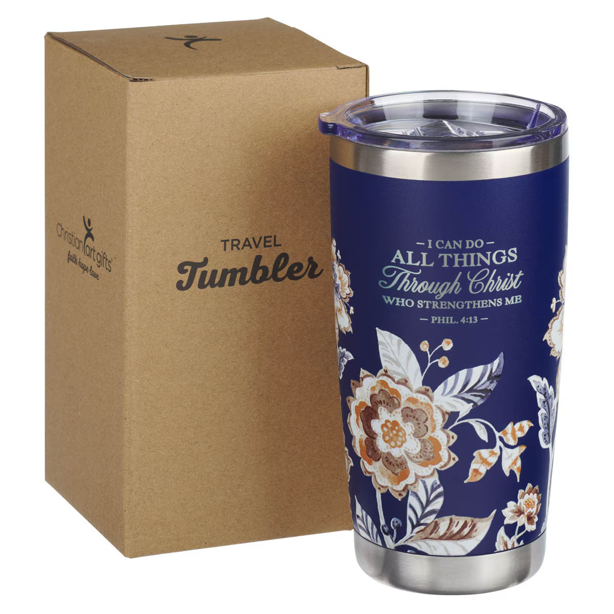 Stainless Steel Travel Tumbler, I Can Do All Things Through Christ, Navy Floral