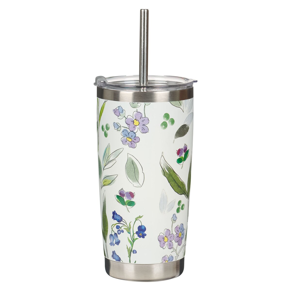 Stainless Steel Travel Tumbler with S/S Straw, Amazing Grace, Purple Floral