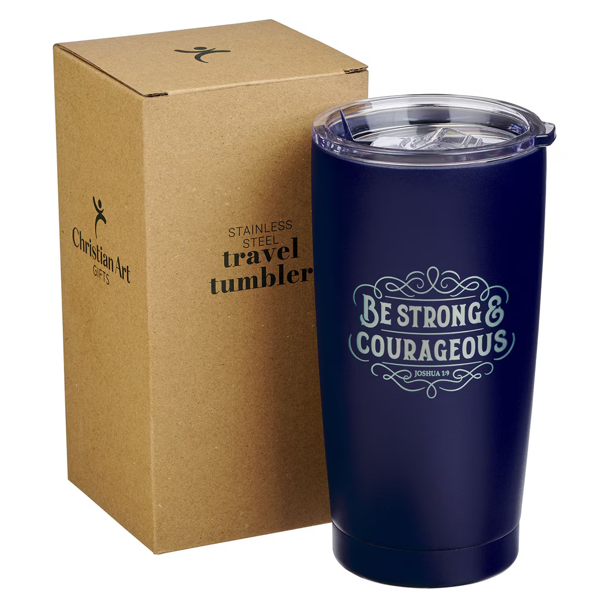Stainless Steel Travel Tumbler, Strong and Courageous, Navy Blue