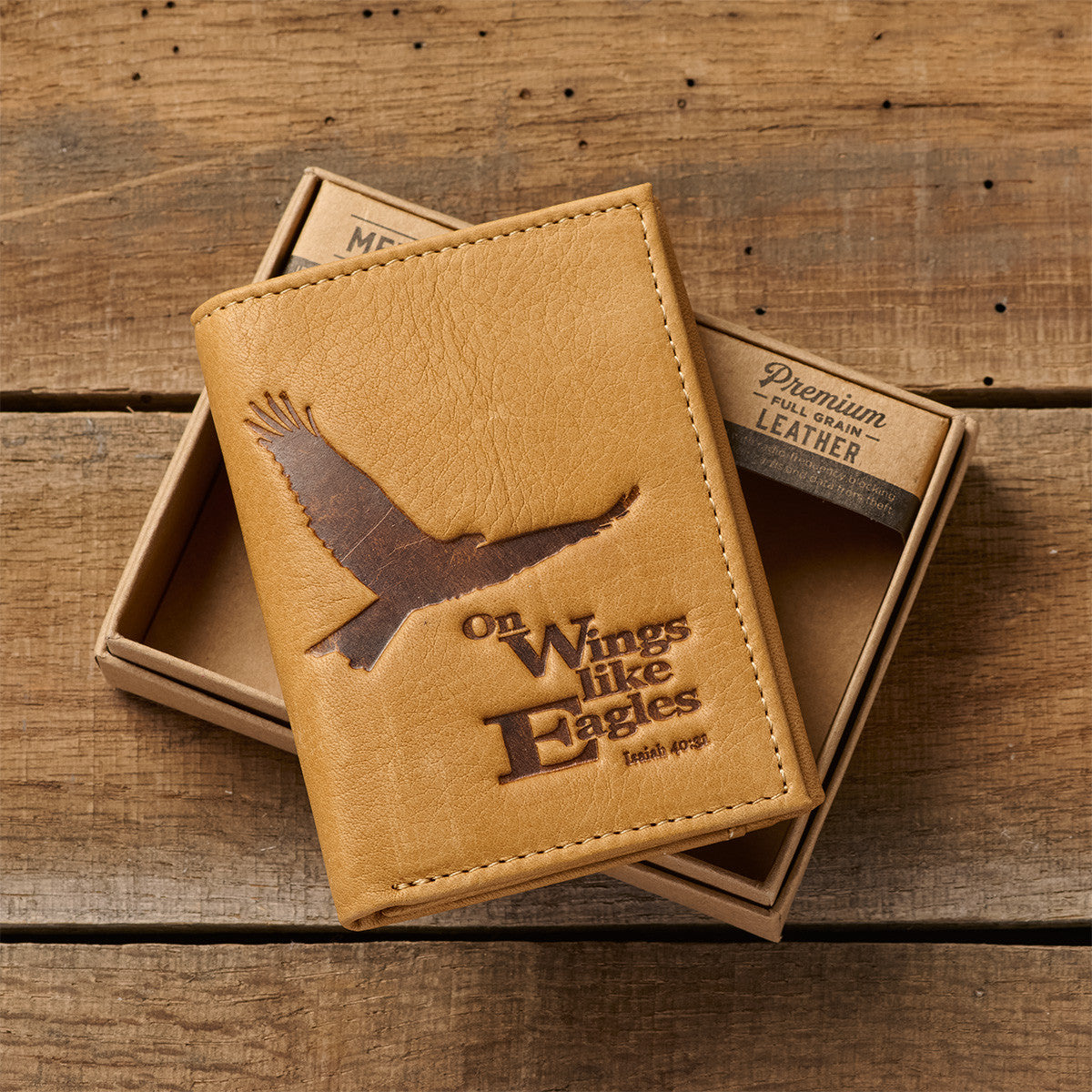 Genuine Leather Trifold Wallet, Wings Like Eagles, Camel Tan