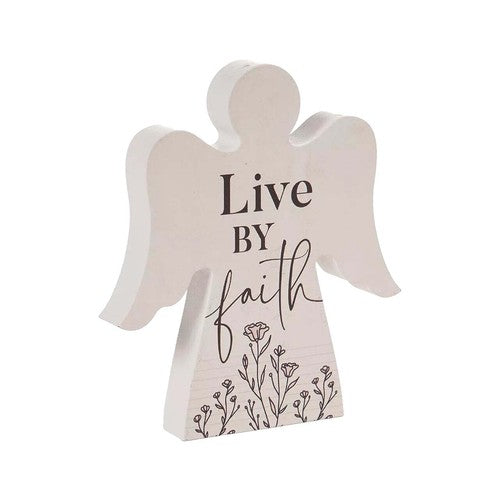 Pinewood Angel Shaped Plaque, Live By Faith