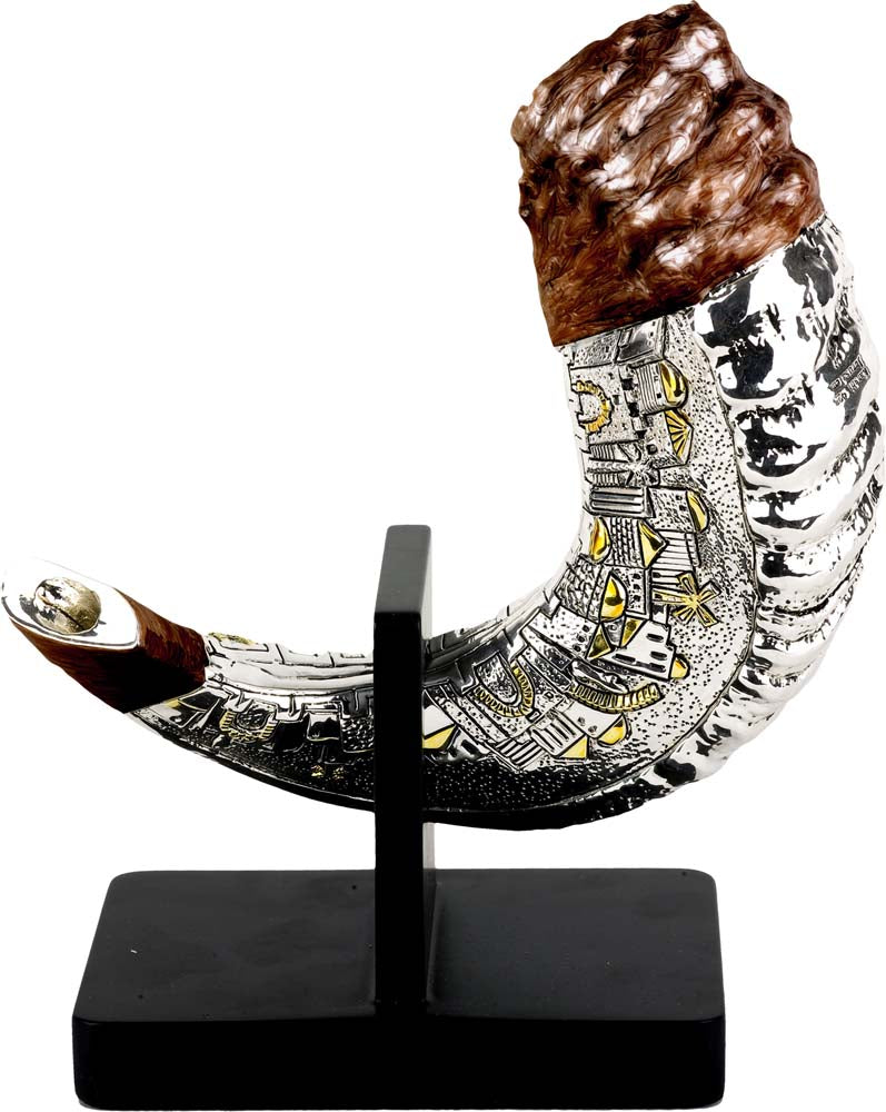 Shofar Ram's Horn with Stand 23cm, Jerusalem City, Silver-Brown