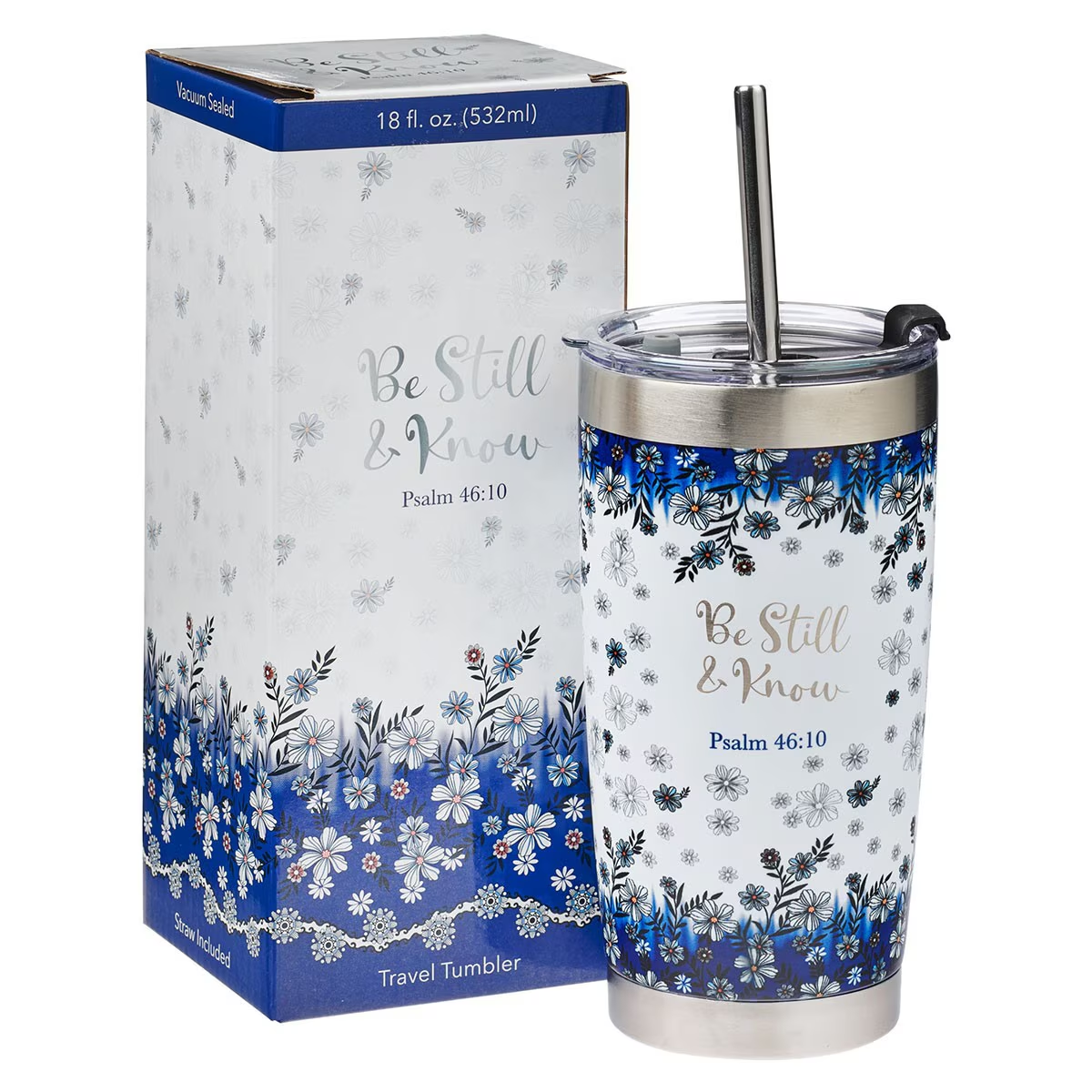 Stainless Steel Travel Tumbler with S/S Straw, Be Still & Know, Blue Floral