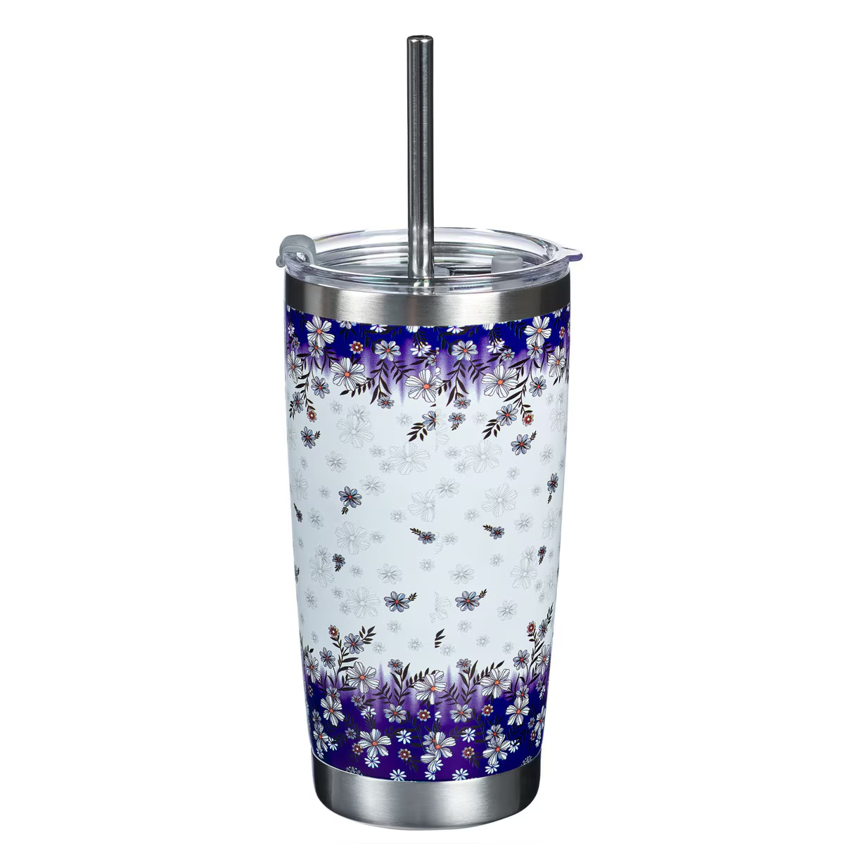 Stainless Steel Travel Tumbler with S/S Straw, Be Still & Know, Blue Floral