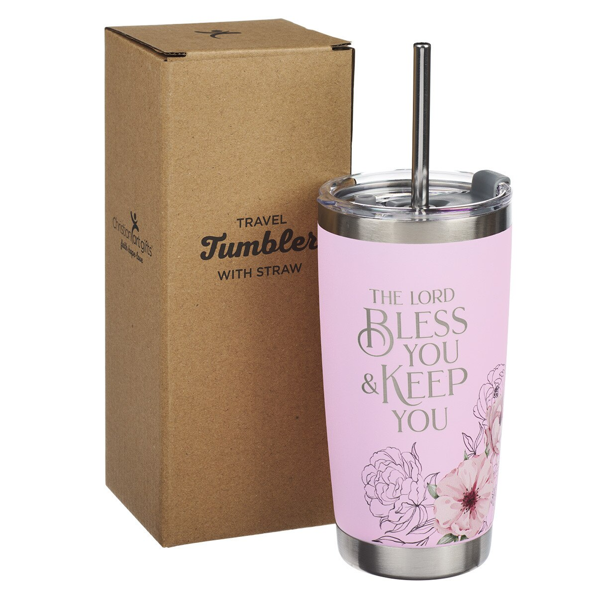 Stainless Steel Travel Tumbler with S/S Straw, Bless You and Keep You, Pink Floral