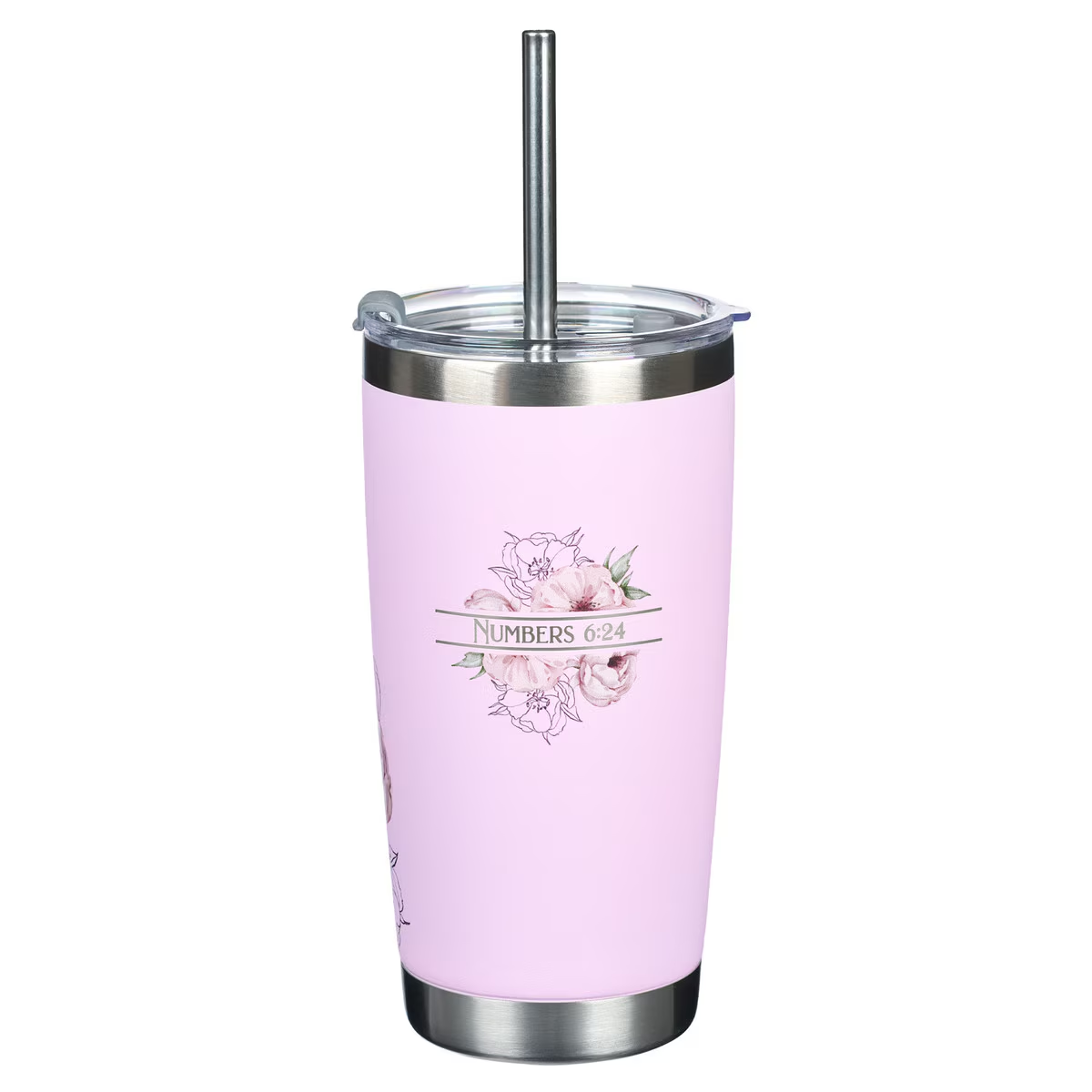 Stainless Steel Travel Tumbler with S/S Straw, Bless You and Keep You, Pink Floral