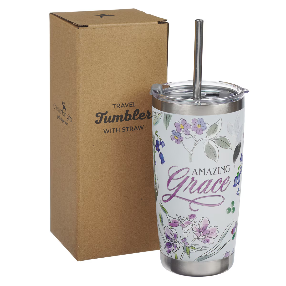 Stainless Steel Travel Tumbler with S/S Straw, Amazing Grace, Purple Floral