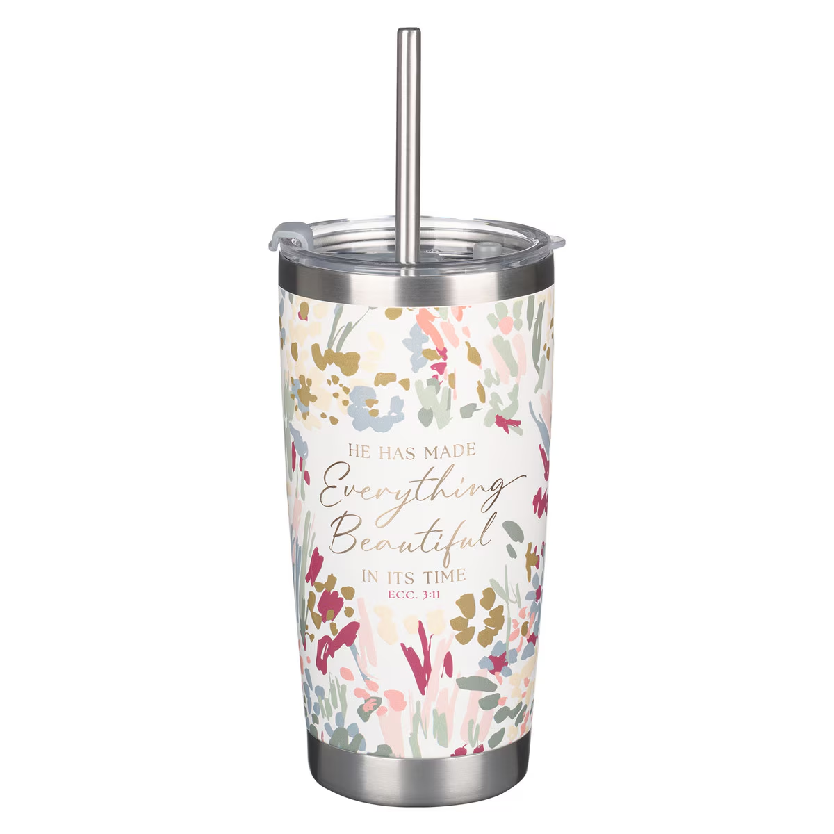 Stainless Steel Travel Tumbler with S/S Straw, Everything Beautiful, White Floral