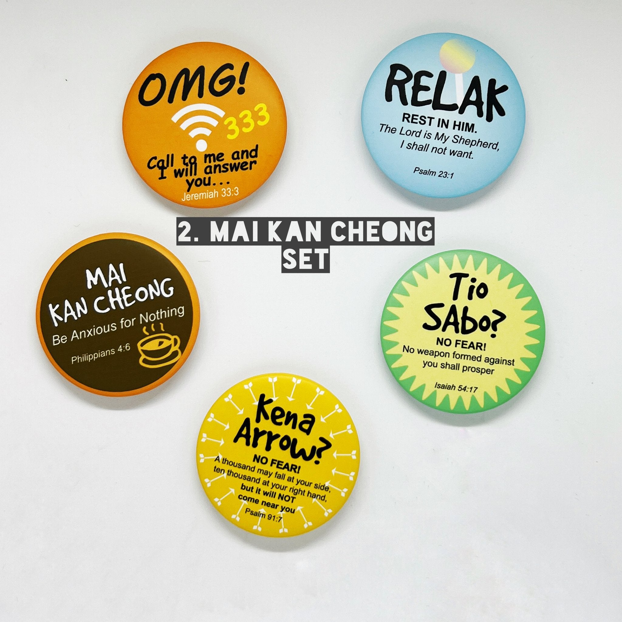 ROCKONLINE |Set of 5 Badges “I’m a Singaporean Christian lah!" by The Super Blessed | Accessories | Fashion | Apparel | Youth | Teen | Boys | Girls | Christian Gifts | The Super Blessed | Rock Bookshop | Rock Bookstore | Star Vista | New Creation Church | Joseph Prince | Free Delivery for Singapore Orders above $50.